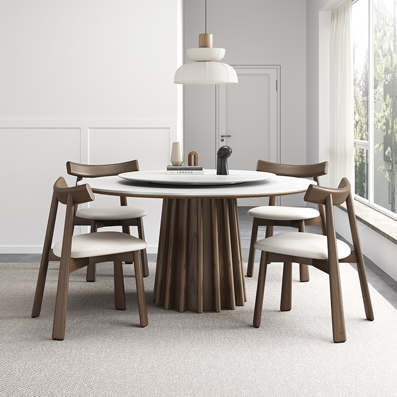 复古岩板圆桌家用小户型轻奢简约现代圆形高端胡桃色旋转转盘餐桌