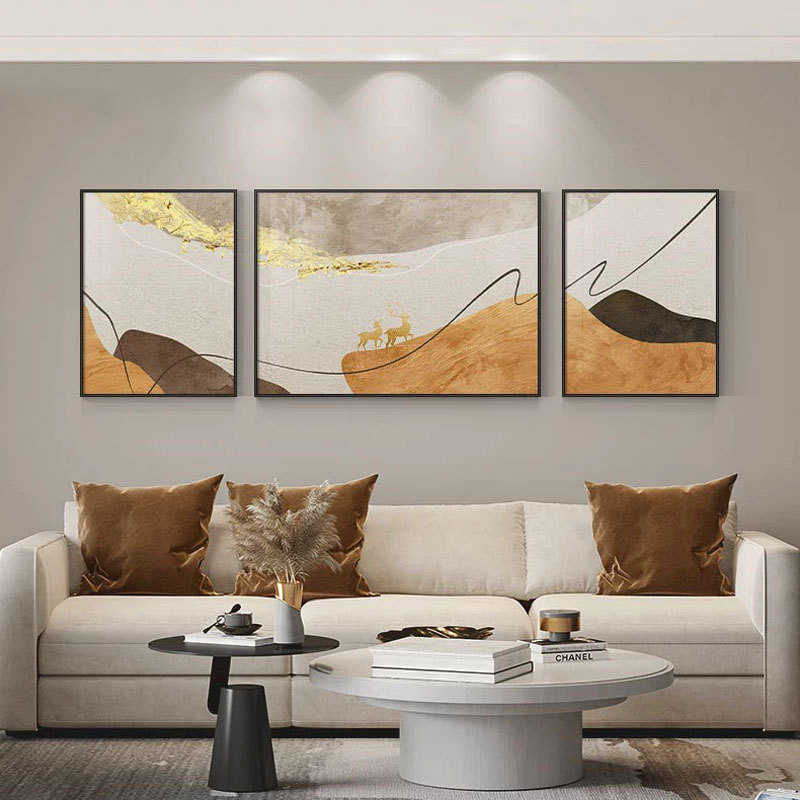 现代简约福鹿客厅装饰画三联组合沙发背景墙挂画抽象橙色线条壁画图片