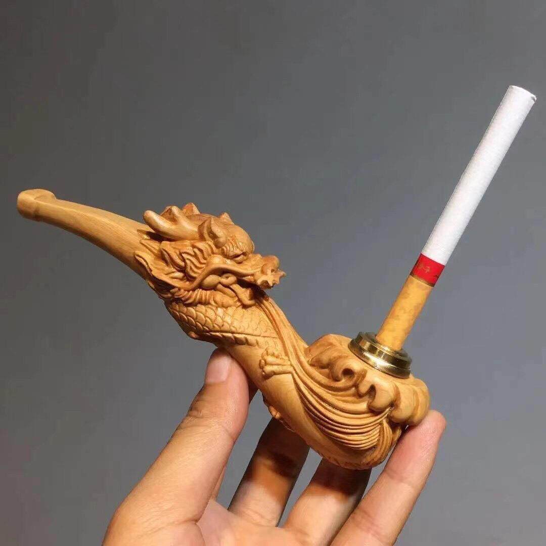 【普陀山】小叶紫檀香太行崖柏水烟斗两用过滤弯式金丝楠木雕刻龙