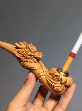 【普陀山】小叶紫檀香太行崖柏水烟斗两用过滤弯式金丝楠木雕刻龙