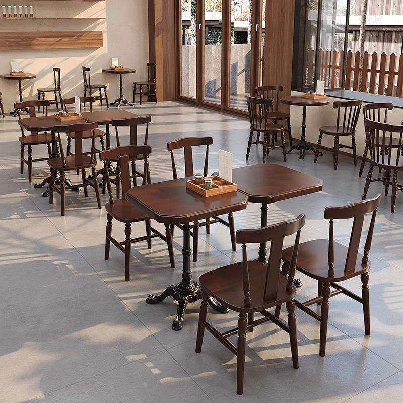 美式复古实木咖啡厅桌椅组合餐厅清吧烘焙甜品店西餐厅餐饮小圆桌