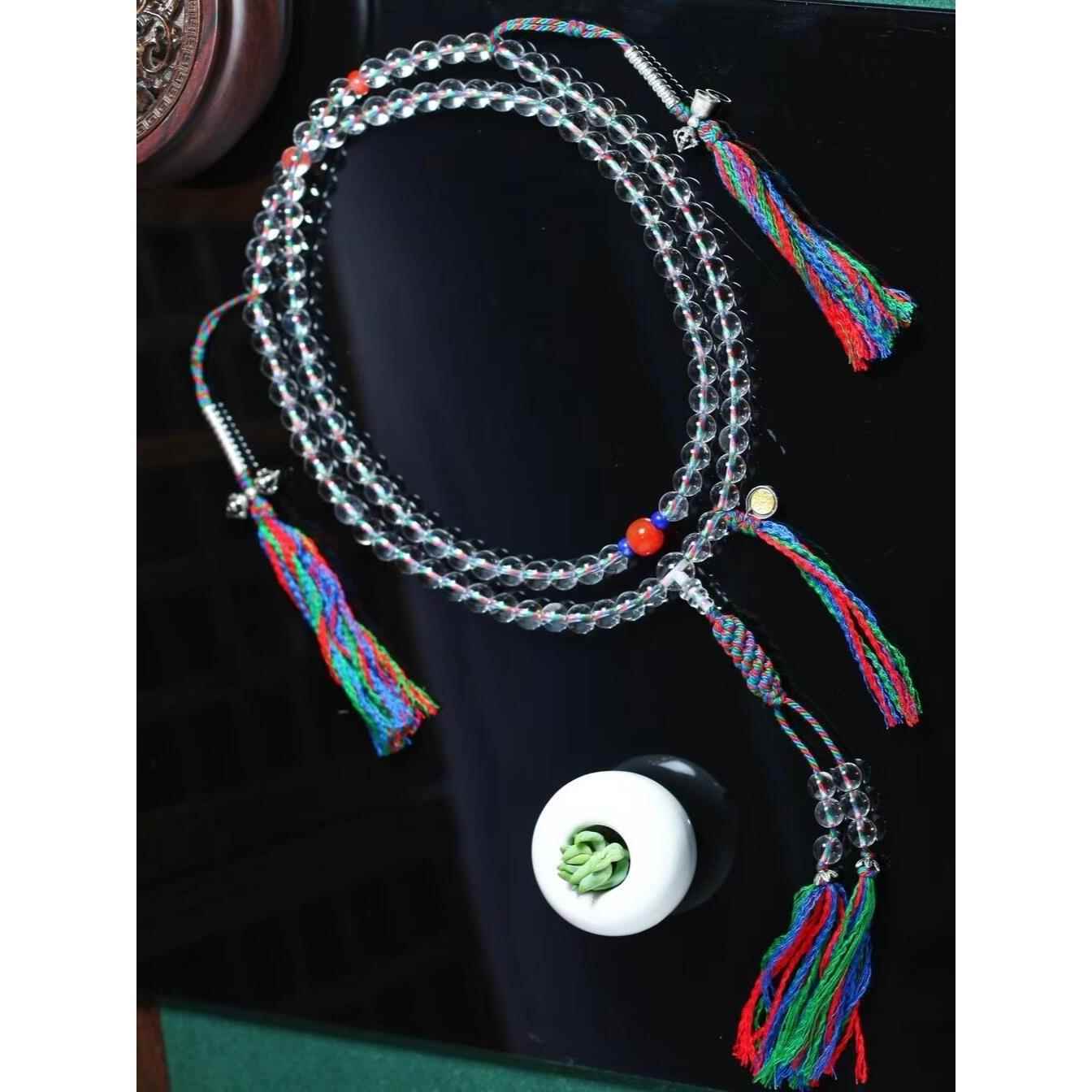 202610A天然冰透白水晶佛珠手炼藏式手搓棉绳项炼108颗佛珠念珠新