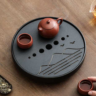圆形小茶盘家用客厅简约储水干泡茶盘茶台陶瓷茶海沥水茶托盘 中式