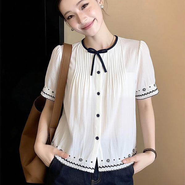 潮牌韩系白色碎花圆领系带衬衫上衣女时尚新款减龄宽松短袖衬衣