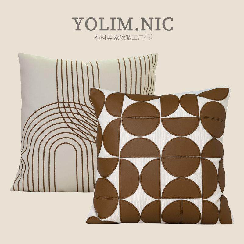 现代轻奢PU皮革咖色贴布抱枕沙发客厅北欧简约样板间靠枕民宿靠垫