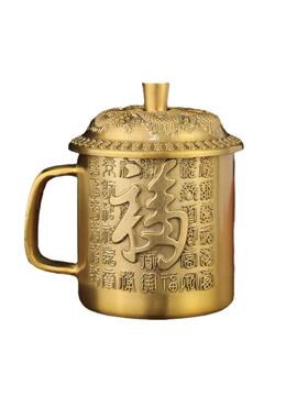 黄铜福寿茶缸家居装饰摆件古玩铜器