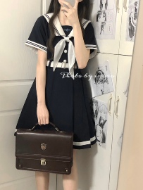 秋柚语澜帆高校原创JK制服绀色银灰色水手服连衣裙盛夏服女