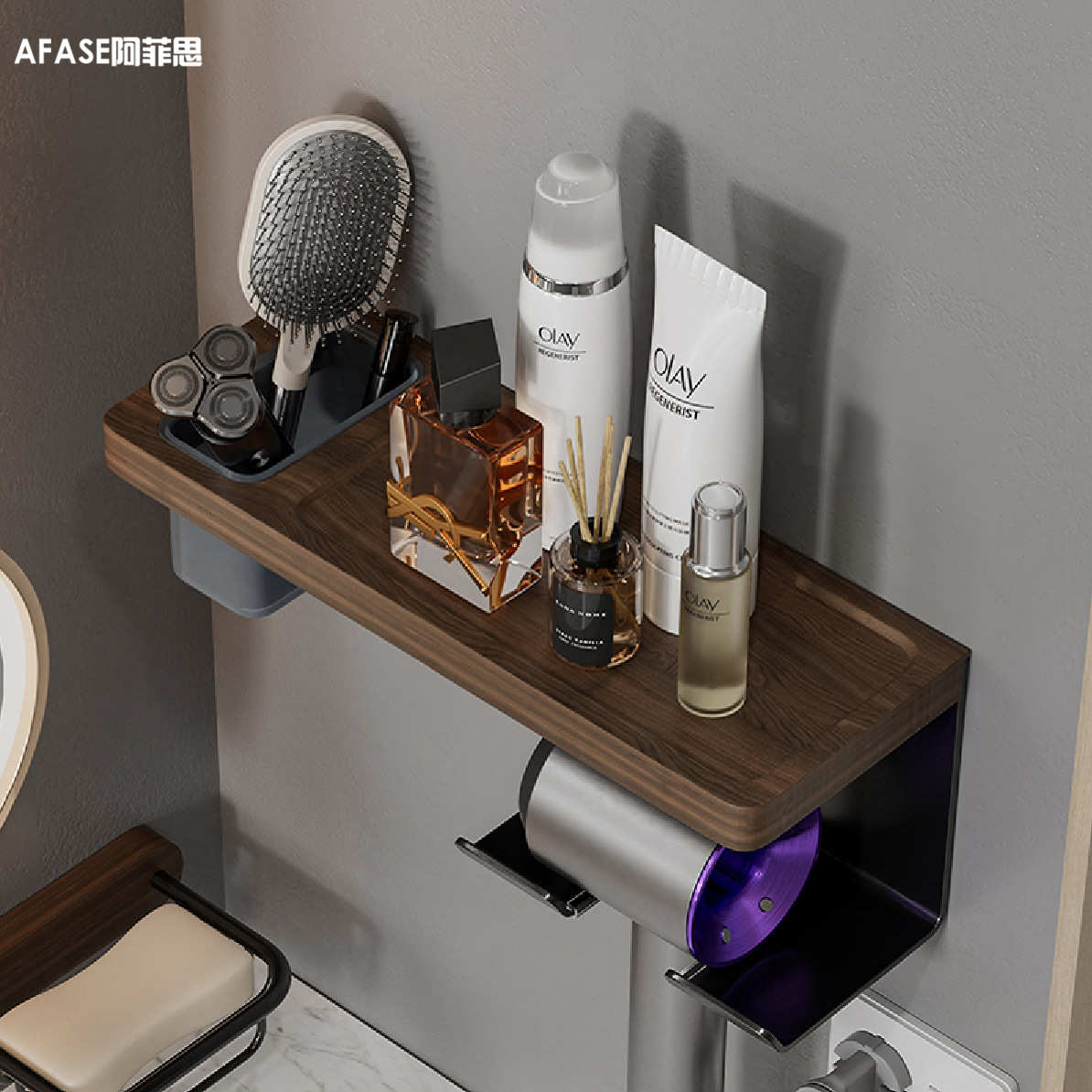 吹风机置物架免打孔卫生间电吹风支架挂架黑胡桃木厕所浴室置物架