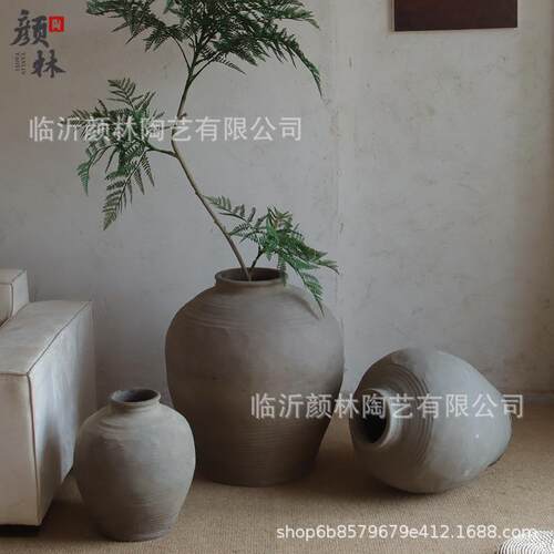 侘寂手工小口粗陶花器大肚花瓶落地土陶罐民宿装饰仿古插干枝摆件