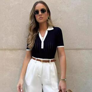 collar slimming patchwork Women top lapel knitted for