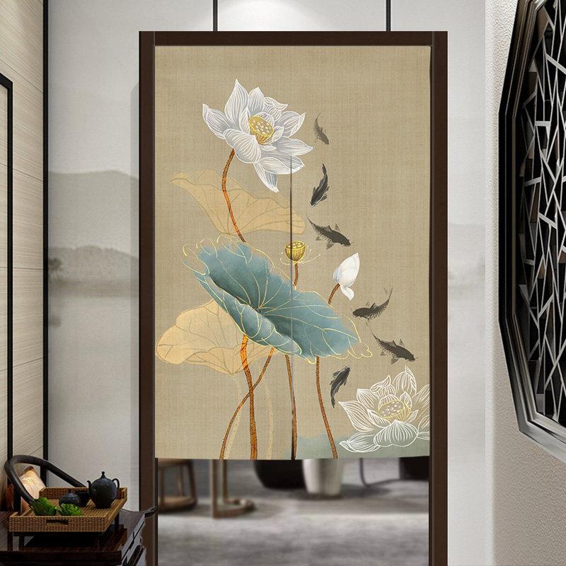 中式门帘复古玄关荷花入户玄关隔断帘厨房半帘家用卧室卫生间挂帘