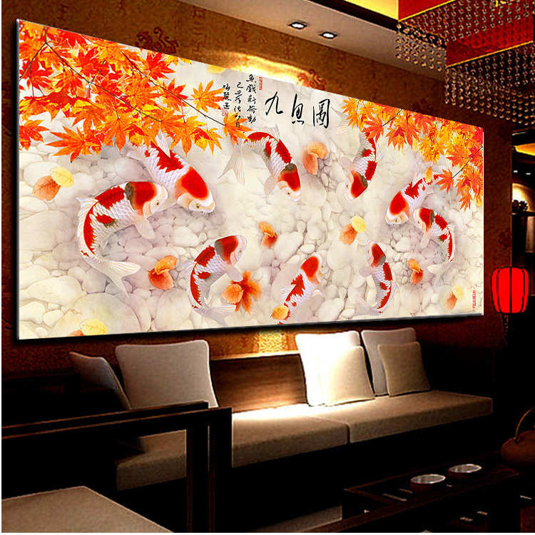 迈画新款2016魔方圆钻 diy客厅装饰画枫叶九鱼图厂家