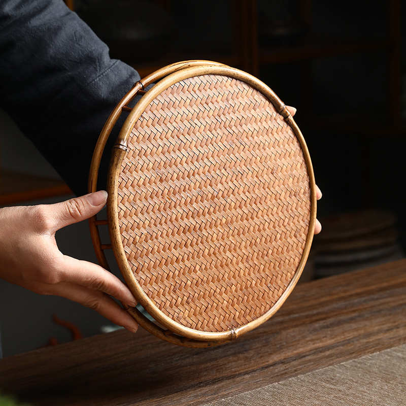 手工竹编茶盘家用梅鹿竹制收纳盘文盘干泡台圆形托盘藤席功夫茶具