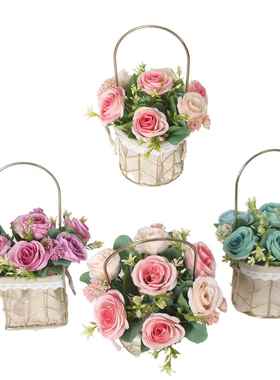 货源ins风玫瑰花篮铁艺轻奢工艺品假花装饰金属摆件轻奢风