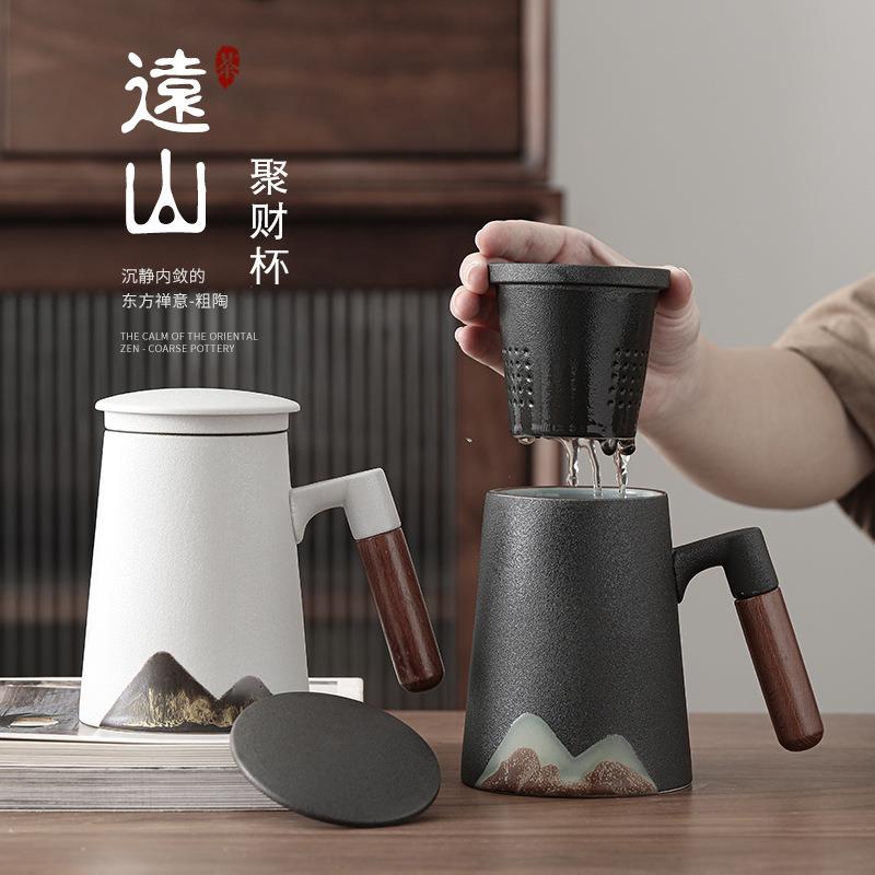 釉画彩手绘马克杯木把手陶瓷茶杯水杯带盖过滤三件套大号公家用
