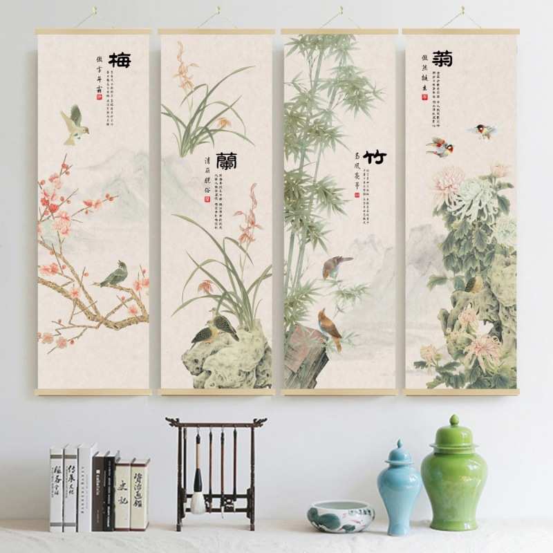 hot中国风梅兰竹菊挂画客厅书房茶室装饰画四联屏花鸟实木布艺油图片
