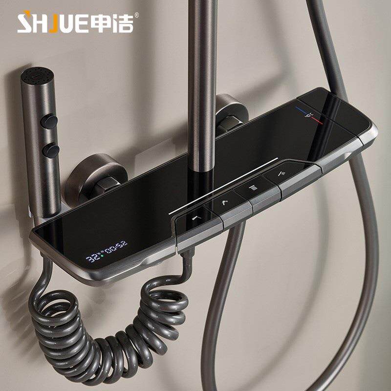 高端全铜钢琴铜按键花洒套装家用多功能氛围灯恒温数显淋浴套装