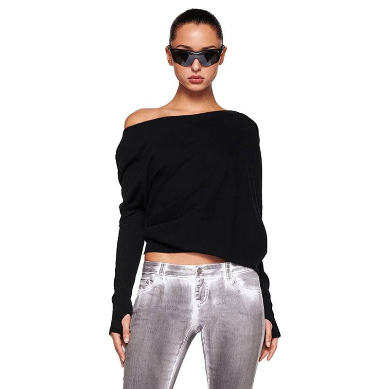 Hot girl style white off-shoulder pullover T-shirt for