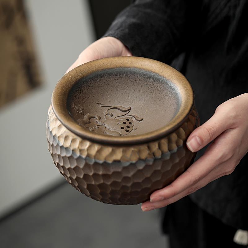 复古粗陶水盂建水茶洗桌面茶渣缸废水垃圾桶大号带盖子过滤干湿分
