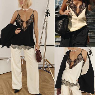 Womens Lace Trim Satin Cami Top V Neck Spaghetti Strap