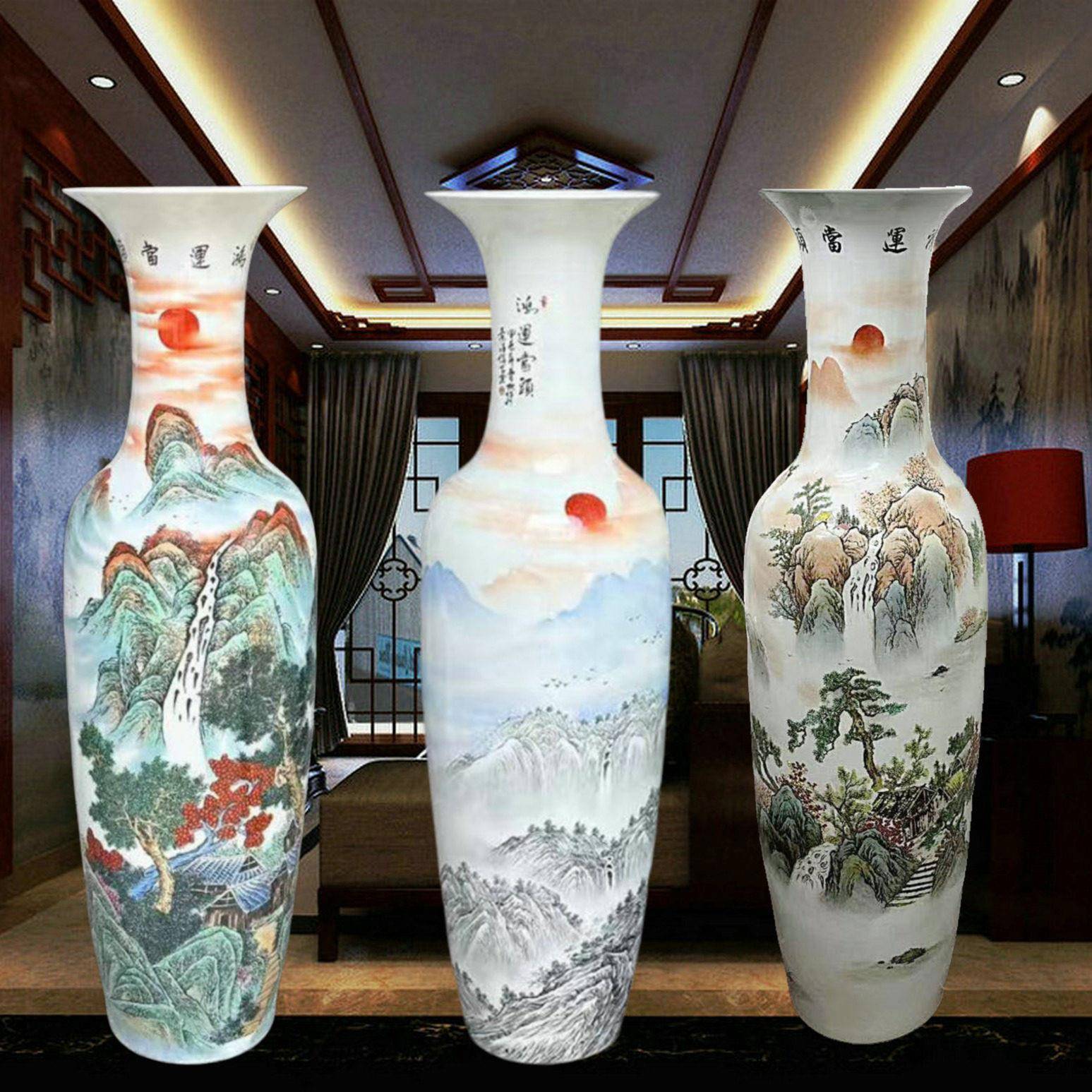 景德镇陶瓷器落地大花瓶彩色手绘鸿运当头山水图中式客厅庭院摆件