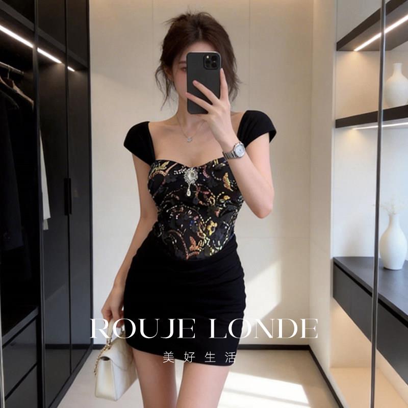 ROUJE LONDE初夏独特漂亮性感黑色亮片连衣裙女士绝美收腰包臀裙