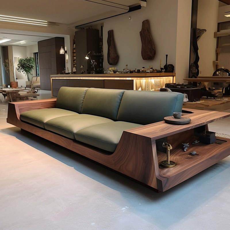 2025新中式轻奢北美白蜡木黑胡桃木真皮沙发实木客厅原木直排沙发