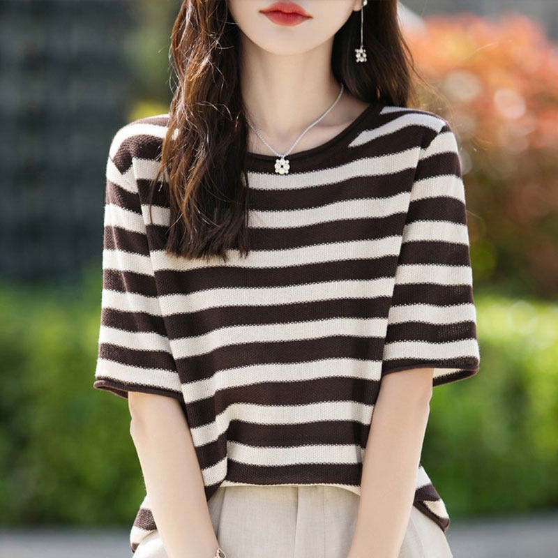 短袖t恤女2025新款大码女装夏季薄款冰丝显瘦简约条纹针织衫上衣
