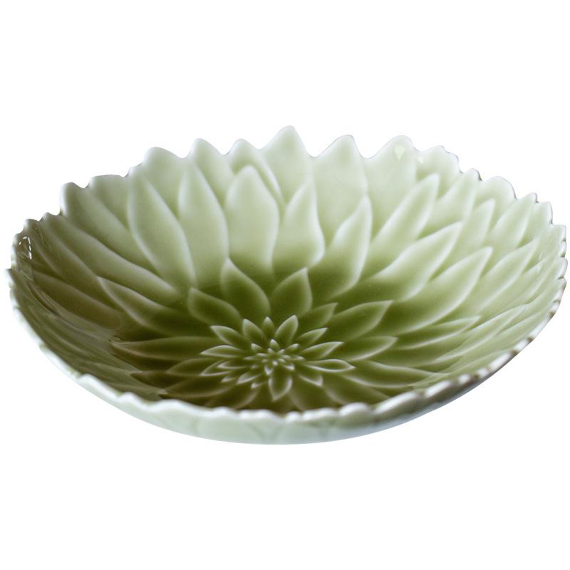 承盘复古仿古壶雕刻花茶点盖碗越窑青瓷口盘果盘托盘隔热莲奢轻瓣