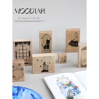 moodtape蕾丝绿山雀窗户原创手帐树脂印章可爱手帐素材mood装饰
