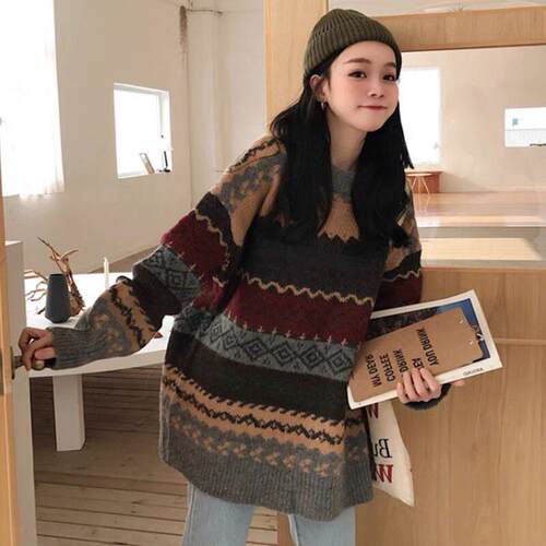 秋冬大码300斤胖mm加厚毛衣女宽松外穿复古日系慵懒风针织衫0922d