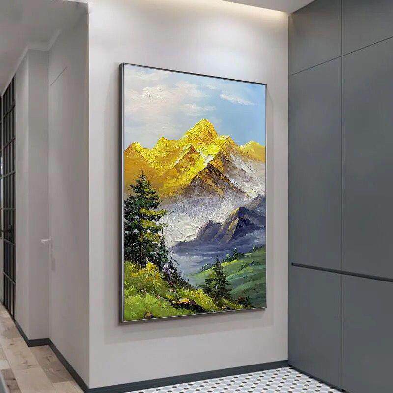 纯手绘油画日照金山客厅玄关落地装饰画手工绘制背有靠山成品挂画