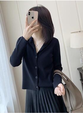 法式小香风黑色羊绒针织开衫女2025年春秋季新款短款V领毛衣外套