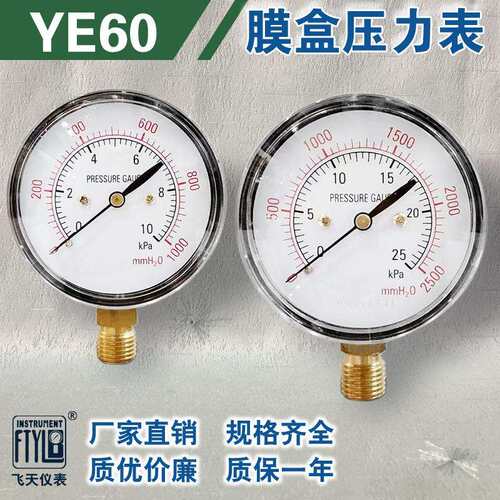 无锡飞天仪表厂家直销YE60径向膜盒压力表0-1.6KPa微压表千帕表