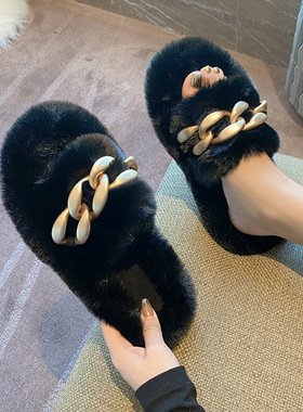 爆款毛毛拖鞋女冬季外穿2026新款链子高级感网红厚底毛绒棉拖春秋