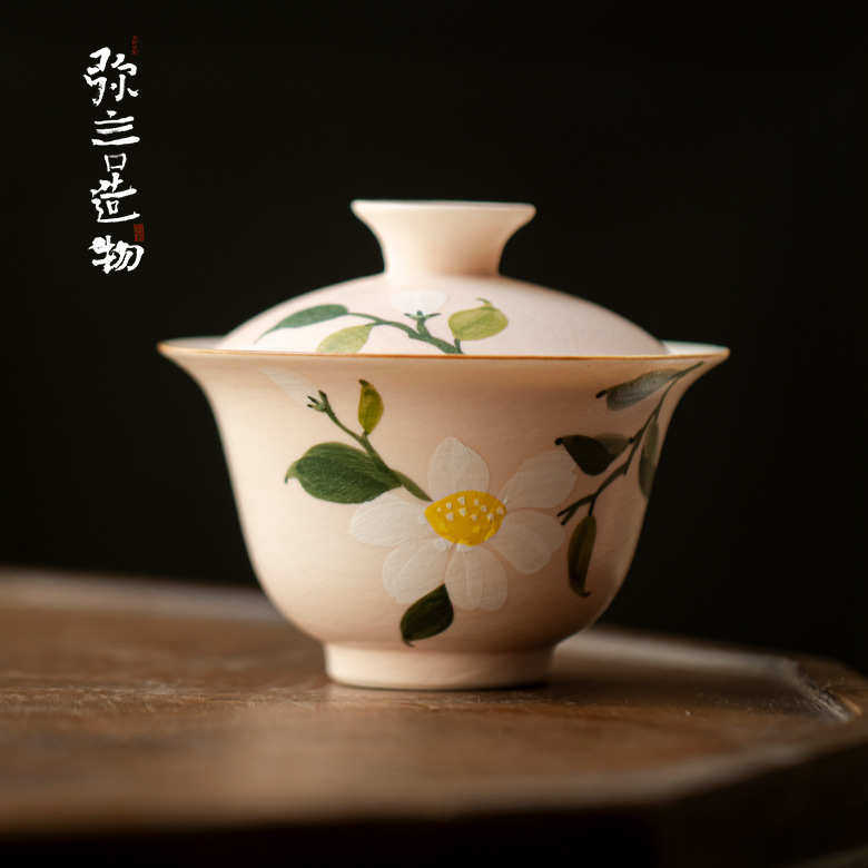 弥言粉引手绘山茶壶盖碗日式粗陶诧寂风功夫茶具家用泡茶碗不烫手,餐饮具,盖碗,淘宝优惠券,粉丝福利购,淘宝优惠卷