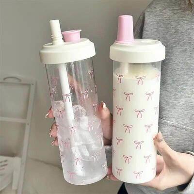 500/700ML Pink Bow Straw Water Bottle With Lid Cute Coffee B