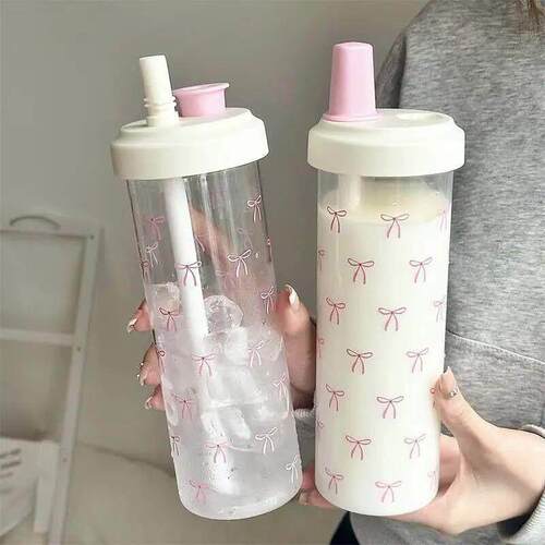 500/700ML Pink Bow Straw Water Bottle With Lid Cute Coffee B