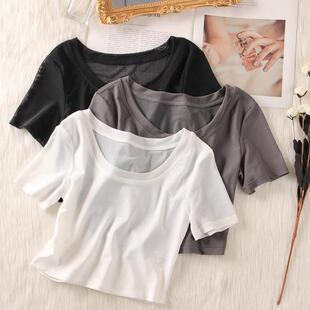 女吊带裙内搭T恤女纱衣0318r 白色网纱打底衫 短款 蕾丝上衣女夏短袖