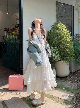 曾小咸 海边丁达尔度假风白色吊带洋装女春夏装蛋糕裙小个子裙
