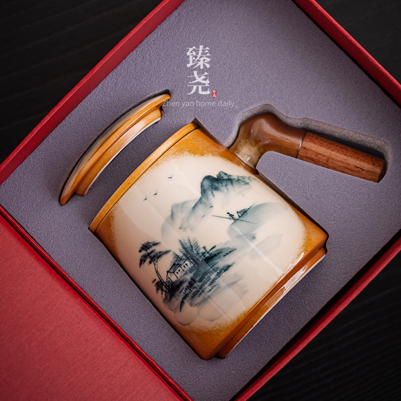 纯手绘国潮山水办公杯泡茶杯带盖过滤陶瓷茶水分离杯釉下彩个人杯