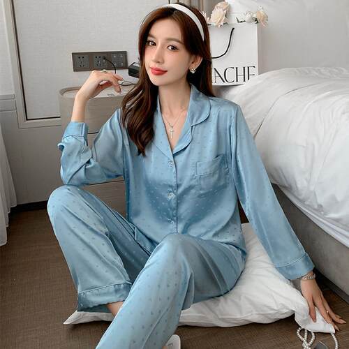 睡衣简约休闲春秋冰丝俄罗斯外贸提花长袖套装大码女士家居服1104