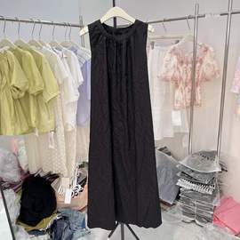 韩版立裁工艺简约连衣裙女夏季牛油果绿色法式中长款系带背心裙子