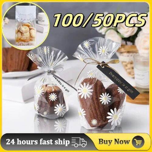 50/100pcs Daisy Candy Bags Transparent Flower Cookie Baking