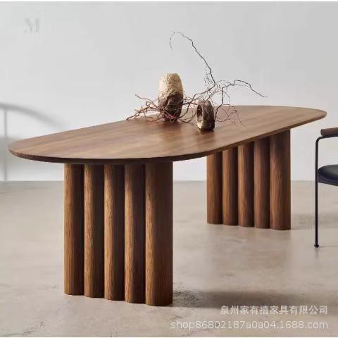 严选中古原木风设计师样板房餐桌餐厅实木工作台办公椭圆形洽谈桌