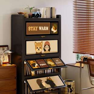 书柜收纳柜一体靠墙带门储物柜客厅儿童书架落地钢制置物架中古风