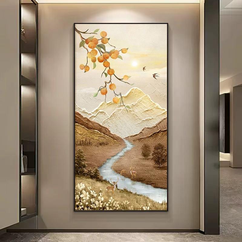 手绘油画《柿事如意》竖版玄关背景墙装饰画过道客厅肌理壁画中式