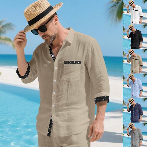 Linen shirt men's long sleeved lazy old money style lapel