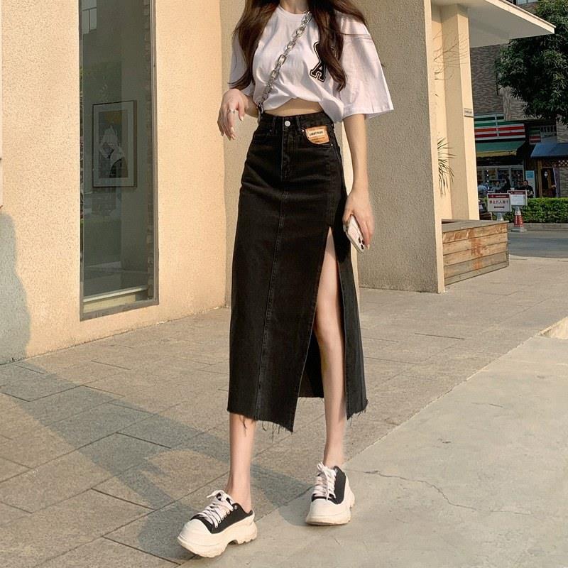 侧开叉牛仔半身裙女夏欧货学院风中长款高腰a字裙包臀一步长裙子