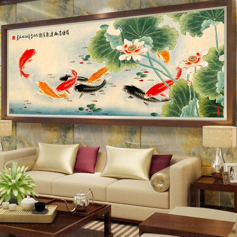 数字油画手工diy画画油彩画填色手绘装饰画客厅玄关大幅九鱼图